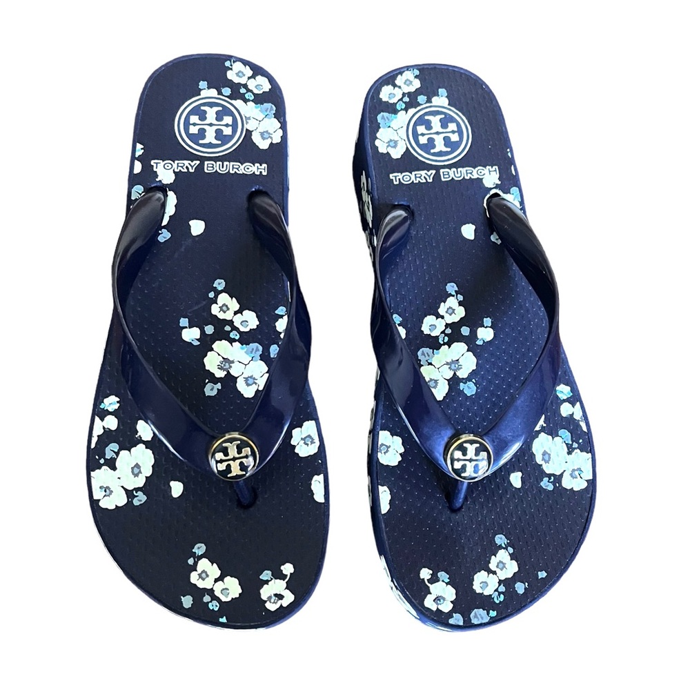 Tory Burch Black Floral Platform Thong Sandals - Picture 2 of 12